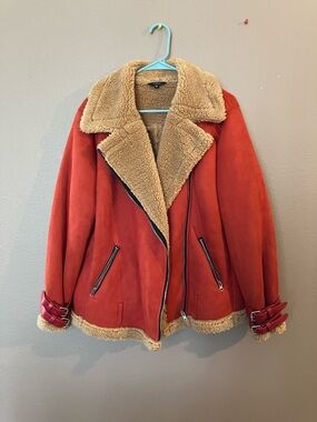 Floryday Women's Red Faux-Suede Shearling Jacket with Tan Sherpa Collar